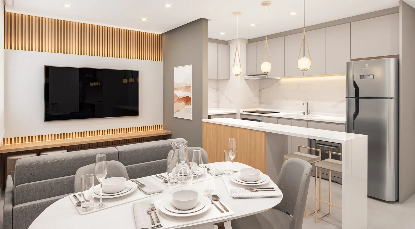 Imagem hiperrealista criada com IA de apartamento amplo com sala de jantar e cozinha americana integradas