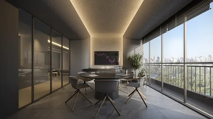 Imagem hiperrealista criada com IA de sala de reuniões corporativa com varanda envidraçada e vista da cidade