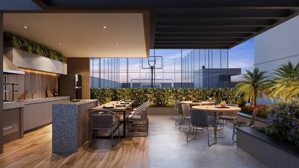 Imagem hiperrealista criada com IA de área gourmet e rooftop em área comum de condomínio residencial