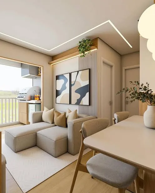 Imagem hiperrealista criada com IA de apartamento compacto com living, mesa de jantar e varanda com churrasqueira