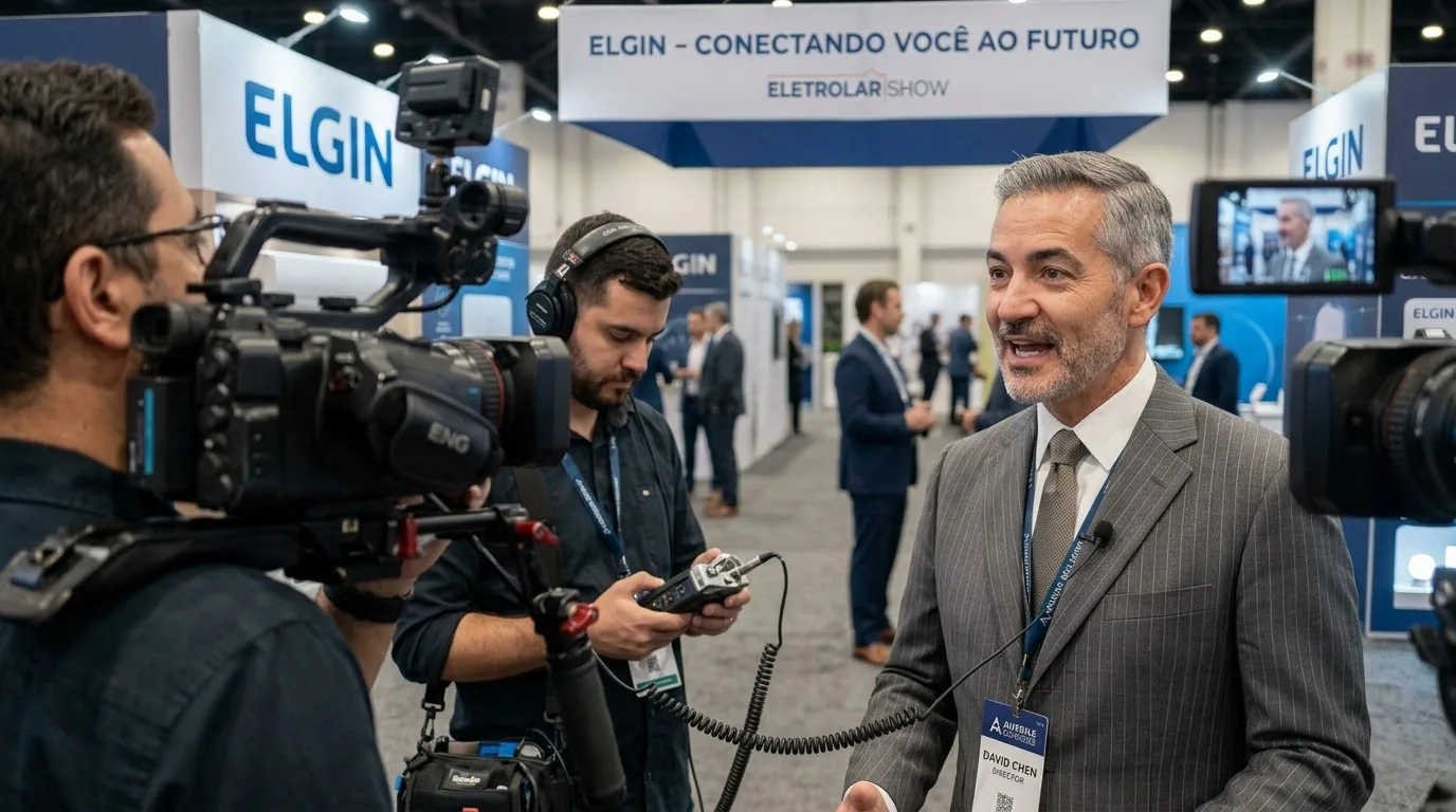Captação de depoimento de cliente com microfone de lapela no estande durante feira de negócios, por PH Marx